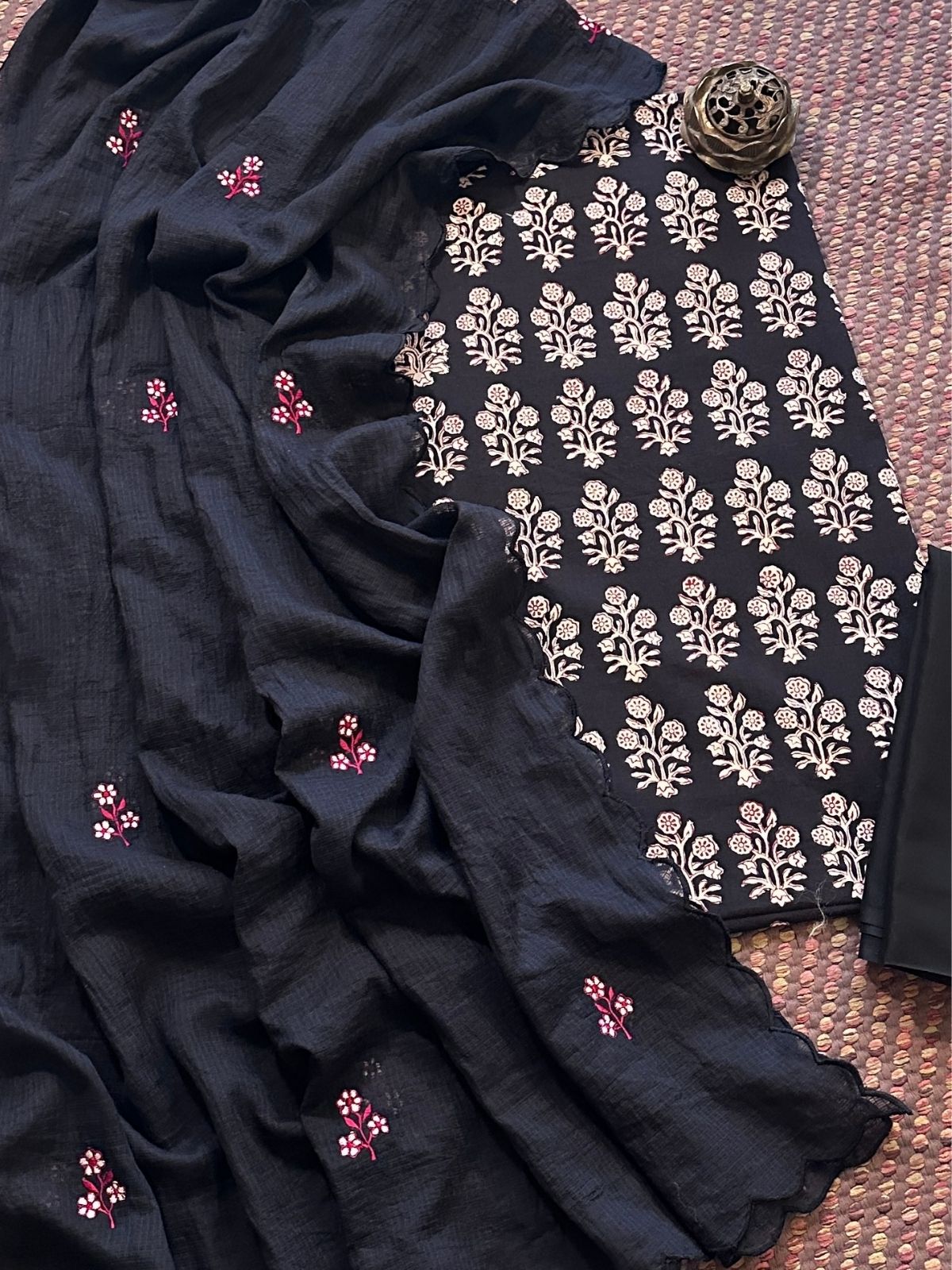 Pure Cotton Hand-block Fabric with Embroidered Bottom & Kota Doria Dupatta